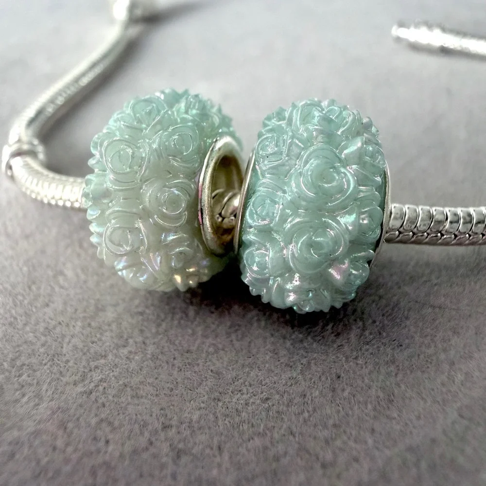2 PCs Mint Green Iridescent Rose Flower Beads Floral Charm fits PANDORA